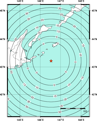 緊急地震速報第1報提供から主要動到達までの時間及び推計震度分布図