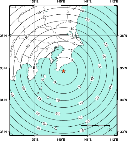 緊急地震速報第1報提供から主要動到達までの時間及び推計震度分布図