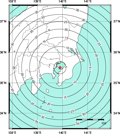 緊急地震速報第1報提供から主要動到達までの時間及び推計震度分布図