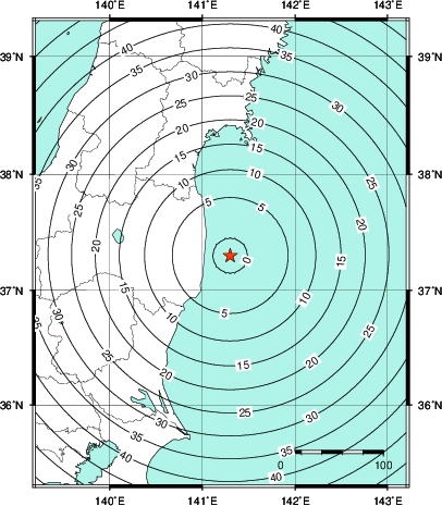 緊急地震速報第1報提供から主要動到達までの時間及び推計震度分布図