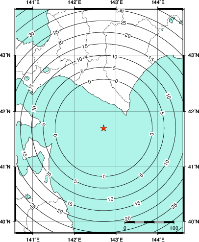 緊急地震速報第1報提供から主要動到達までの時間及び推計震度分布図