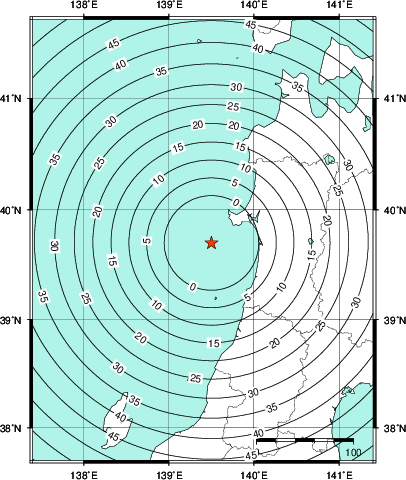 緊急地震速報第1報提供から主要動到達までの時間及び推計震度分布図