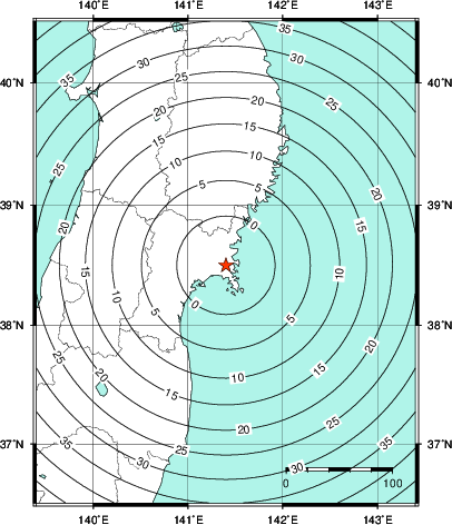 緊急地震速報第1報提供から主要動到達までの時間及び推計震度分布図