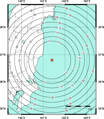 緊急地震速報第1報提供から主要動到達までの時間及び推計震度分布図