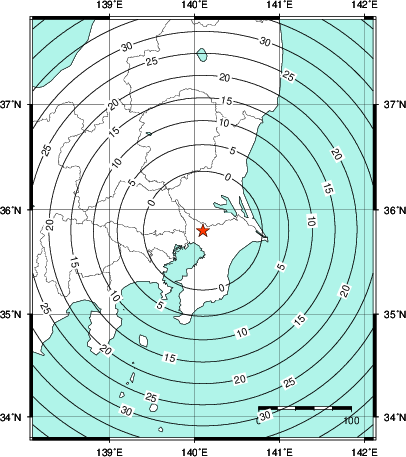 緊急地震速報第1報提供から主要動到達までの時間及び推計震度分布図
