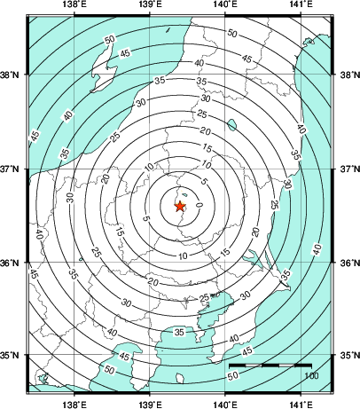 緊急地震速報第1報提供から主要動到達までの時間及び推計震度分布図