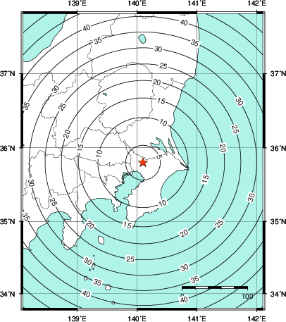 緊急地震速報第1報提供から主要動到達までの時間及び推計震度分布図