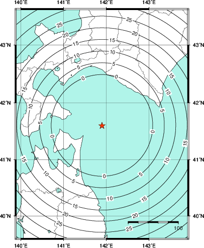 緊急地震速報第1報提供から主要動到達までの時間及び推計震度分布図