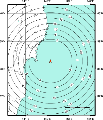 緊急地震速報第1報提供から主要動到達までの時間及び推計震度分布図