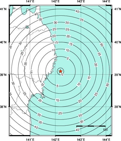 緊急地震速報第1報提供から主要動到達までの時間及び推計震度分布図