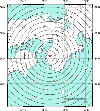 緊急地震速報第1報提供から主要動到達までの時間及び推計震度分布図