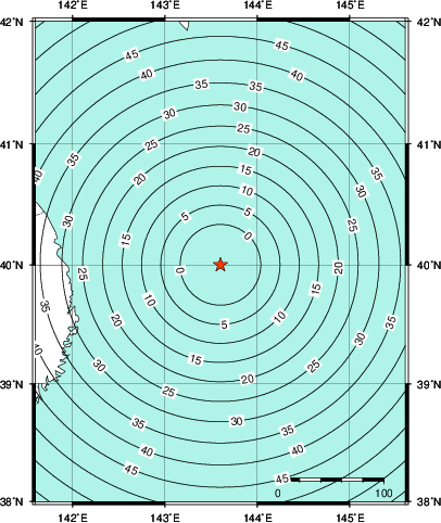 緊急地震速報第1報提供から主要動到達までの時間及び推計震度分布図