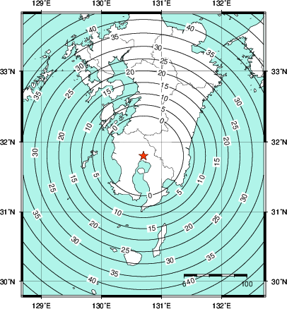 緊急地震速報第1報提供から主要動到達までの時間及び推計震度分布図