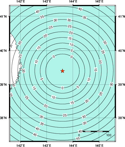 緊急地震速報第1報提供から主要動到達までの時間及び推計震度分布図