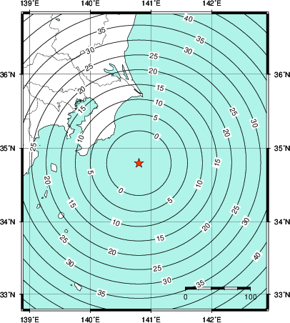 緊急地震速報第1報提供から主要動到達までの時間及び推計震度分布図