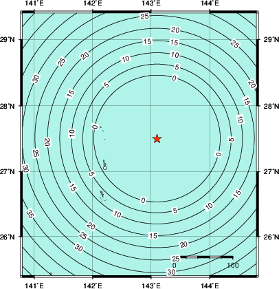 緊急地震速報第1報提供から主要動到達までの時間及び推計震度分布図