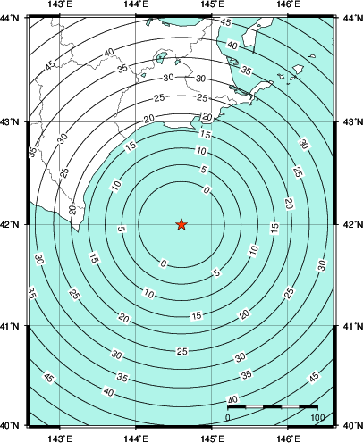 緊急地震速報第1報提供から主要動到達までの時間及び推計震度分布図