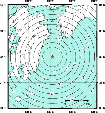 緊急地震速報第1報提供から主要動到達までの時間及び推計震度分布図