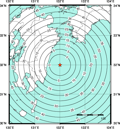 緊急地震速報第1報提供から主要動到達までの時間及び推計震度分布図