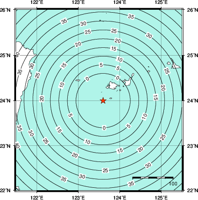 緊急地震速報第1報提供から主要動到達までの時間及び推計震度分布図