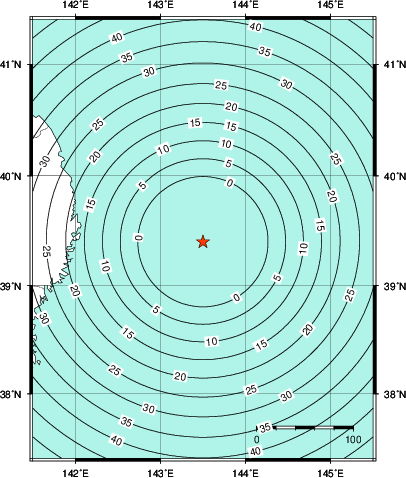緊急地震速報第1報提供から主要動到達までの時間及び推計震度分布図