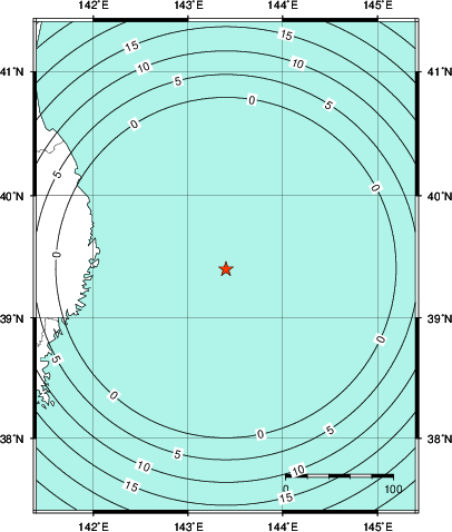 緊急地震速報第1報提供から主要動到達までの時間及び推計震度分布図