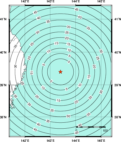 緊急地震速報第1報提供から主要動到達までの時間及び推計震度分布図