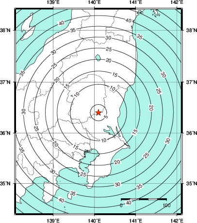 緊急地震速報第1報提供から主要動到達までの時間及び推計震度分布図