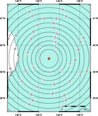 緊急地震速報第1報提供から主要動到達までの時間及び推計震度分布図