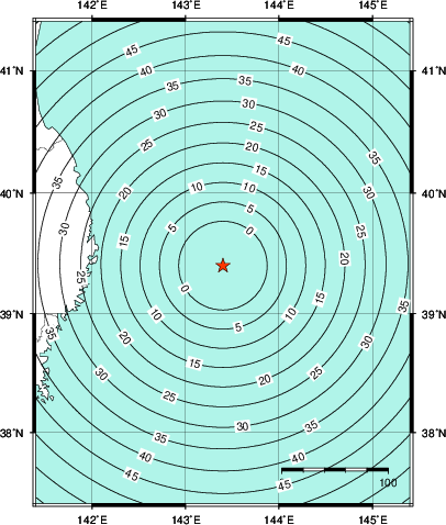 緊急地震速報第1報提供から主要動到達までの時間及び推計震度分布図