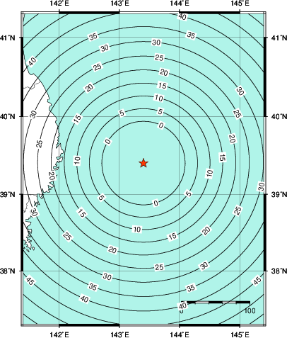 緊急地震速報第1報提供から主要動到達までの時間及び推計震度分布図