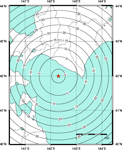 緊急地震速報第1報提供から主要動到達までの時間及び推計震度分布図