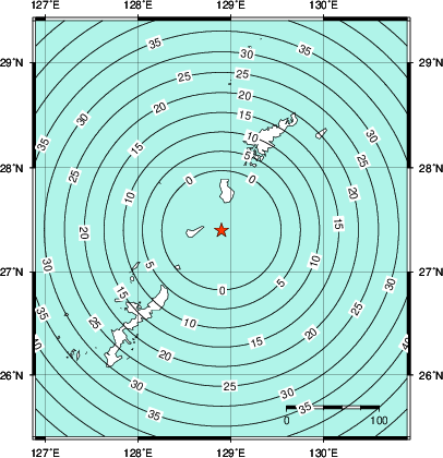 緊急地震速報第1報提供から主要動到達までの時間及び推計震度分布図