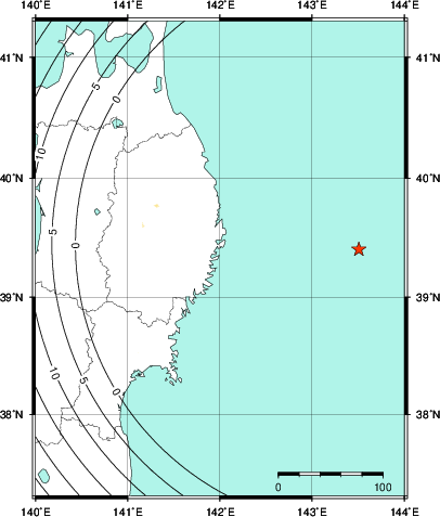 緊急地震速報第1報提供から主要動到達までの時間及び推計震度分布図