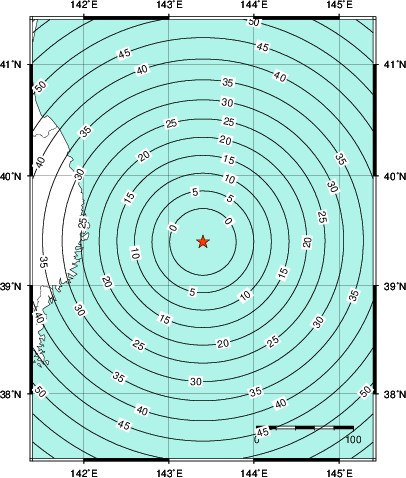 緊急地震速報第1報提供から主要動到達までの時間及び推計震度分布図