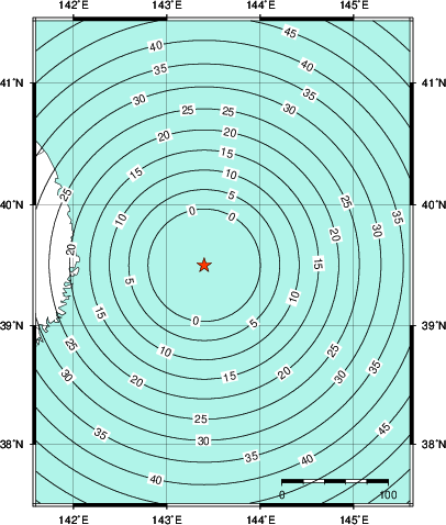 緊急地震速報第1報提供から主要動到達までの時間及び推計震度分布図