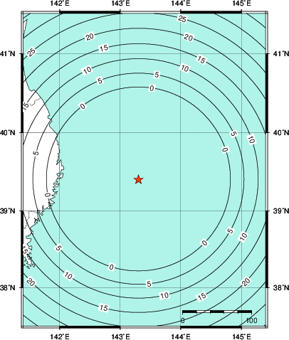 緊急地震速報第1報提供から主要動到達までの時間及び推計震度分布図
