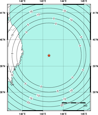 緊急地震速報第1報提供から主要動到達までの時間及び推計震度分布図