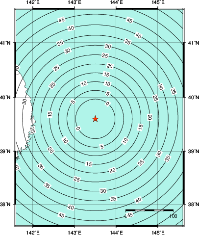 緊急地震速報第1報提供から主要動到達までの時間及び推計震度分布図