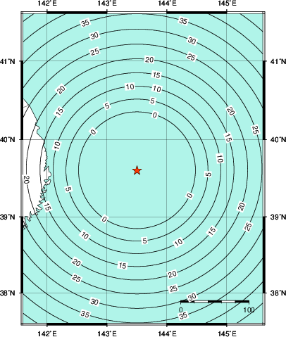 緊急地震速報第1報提供から主要動到達までの時間及び推計震度分布図