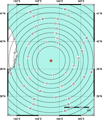 緊急地震速報第1報提供から主要動到達までの時間及び推計震度分布図