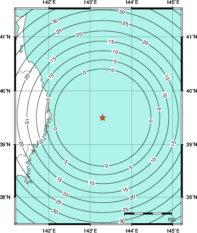 緊急地震速報第1報提供から主要動到達までの時間及び推計震度分布図