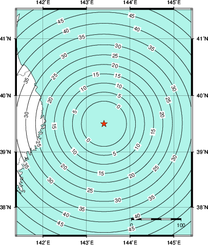 緊急地震速報第1報提供から主要動到達までの時間及び推計震度分布図