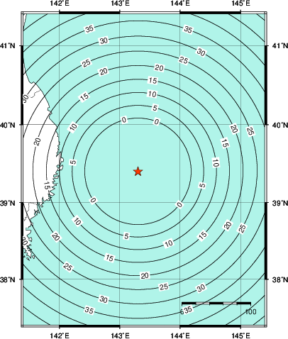 緊急地震速報第1報提供から主要動到達までの時間及び推計震度分布図
