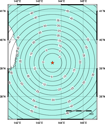 緊急地震速報第1報提供から主要動到達までの時間及び推計震度分布図