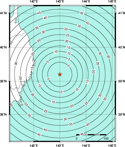 緊急地震速報第1報提供から主要動到達までの時間及び推計震度分布図