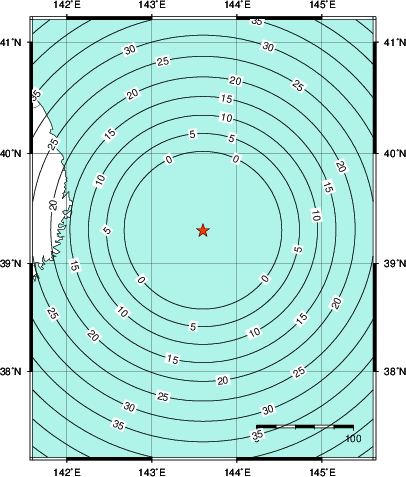 緊急地震速報第1報提供から主要動到達までの時間及び推計震度分布図
