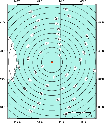 緊急地震速報第1報提供から主要動到達までの時間及び推計震度分布図