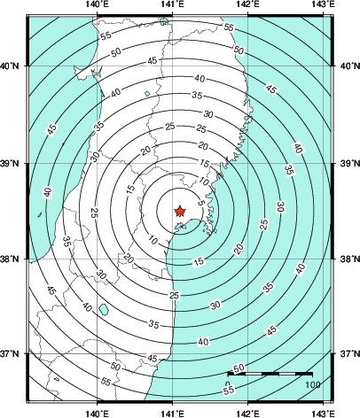 緊急地震速報第1報提供から主要動到達までの時間及び推計震度分布図