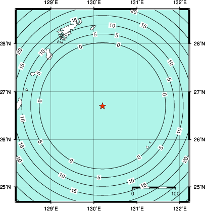 緊急地震速報第1報提供から主要動到達までの時間及び推計震度分布図